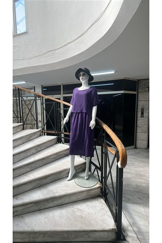 İtalyan Müslin Keteni Üstü File Bluzlu Astarlı Tek Parça Elbise-9256 Mor