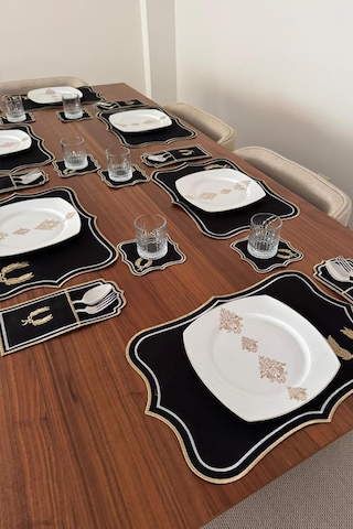 Edalım Keten Nakışlı Amerikan Servis Takımı 19 Parça Siyah Siyah