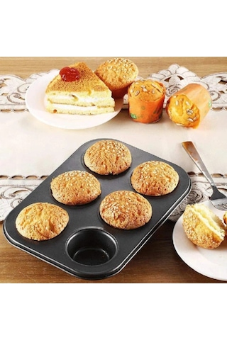6'lı Muffin Kek Kalıbı Yapışmaz Kaplamalı Cupcake Ve Muffin Pişirme Tepsisi Granit Siyah