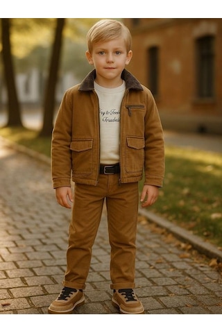 Zekids Erkek Çocuk Yumuşak Dokulu Kemerli Kanvas Pantolon-16326 Camel
