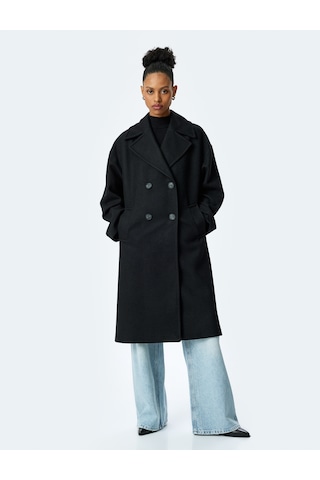 Koton Cepli Düğmeli Kruvaze Oversize Kaşe Kaban Siyah 5wak00429ew