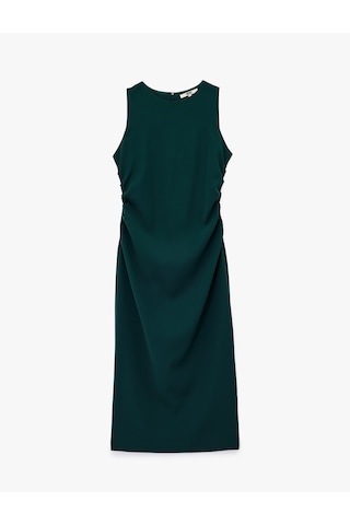 Koton Krep Kumaş Drape Detaylı Yırtmaçlı Kolsuz Bisiklet Yaka Midi Kalem Elbise Yeşil 6wak80066uw Yeşil