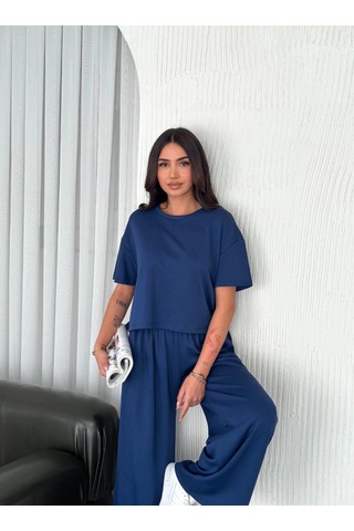 Osy Modal Yumuşak Dokulu Kumaş Bisiklet Yaka T-shirt Bol Paça Pantalon Ikili Takım -saks Mavi Saks Mavi