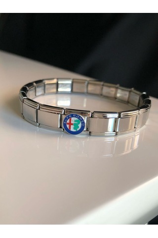 Erkek Kadın Çelik Bileklik - Alfa Romeo Logo Model Italy Nomi Charm Gümüş
