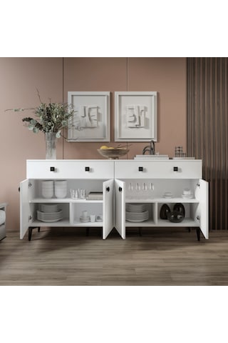 Elara Konsol 180 Cm Beyaz, Metal Ayaklı 4 Kapaklı 2 Çekmeceli Modern Konsol Beyaz