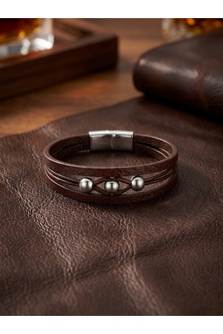Çelik Top Detalı Erkek Deri Bileklik Premium Hediye 01825 Kahverengi