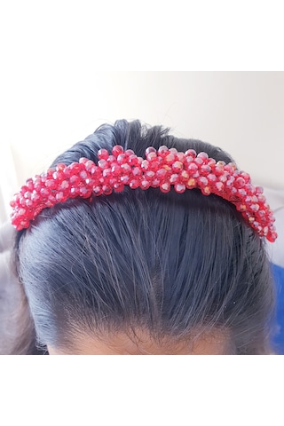 Kırmızı Kristal Boncuklu Gelin Tacı