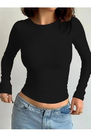 Kadın Uzun Kollu Bisiklet Yaka Viskon Bluz Siyah