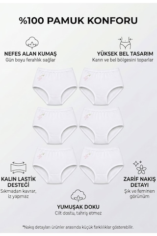 Hepsine Rakip 6lı Kadın Yüksek Bel Külot İşlemeli Pamuklu Bato Slip Beyaz
