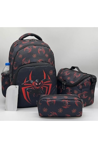 3lü Set Okul Çantası Erkek Lüx Okul Çantası Örümcek Siyah