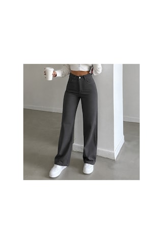 Kene Jeans Yüksek Bel Füme Keten Bol Paça Tam Kalıp Pantolon Füme