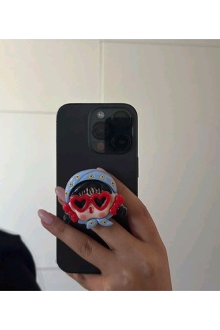 Sevimli Koca Kafa Bebek Şeklinde Telefon Standı, Kendinden Yapışkanlı Telefon Tutucu Mavi