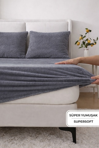 Süper Yumuşak Flanel Kadifemsi Peluş Lastikli Fitted Çarşaf Seti Kaymaz Tek/çift Kişilik Antrasit