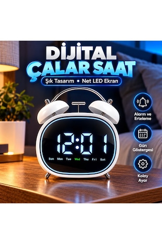 Led Ekranlı Dijital Çalar Saat Alarm Erteleme Gün Göstergeli Şık Tasarım 14x12 Cm Dijital Metal Çalar Saat Pil Beyaz