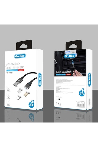 Go Des GD-UC501 3 in 1 Magnetik USB Kablo 3A Mıknatıslı Şarj Kablosu 100 cm Data Kablo ZORE-258864 Siyah