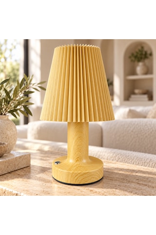 Sleepnova Şarjlı Led Masa Lambası Ahşap Görünümlü Pileli Abajur 3 Işık Modlu 15x13 Cm Ahşap - Bej