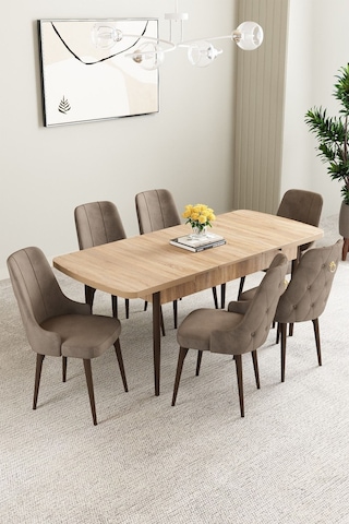 Clara Meşe Desen 80x132 Açılabilir Mdf Masa Yemek Odası Takımı,mutfak Takımı 6 Adet Sandalye Cappucino