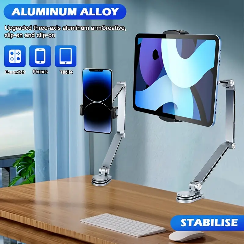 Alüminyum Akrobat Tablet & Telefon Tutucu Stand 360 Oynar Başlıklı Ayarlanabilir Uzun Kol