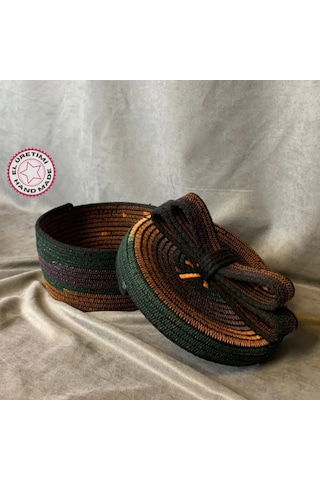 Uretti - Fatma 7987 - El Yapımı Koton İp Fiyonklu Kapaklı Dekoratif / Organizer Sepet Çok Renkli