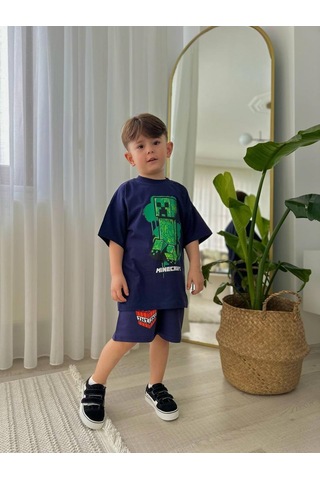 Miniko Kids Erkek Çocuk Minecraftt Modelli Baskılı Şortlu Pamuk Takım Lacivert