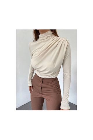 Unika Boutique Kadın Kahverengi Dik Yaka Omuz Ve Bel Büzgülü Uzun Kollu Bluz Bej