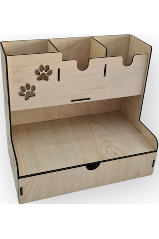 Ahşap Masaüstü 3 Bölmeli, Çekmeceli Kalemlik Masaüstü Organizer