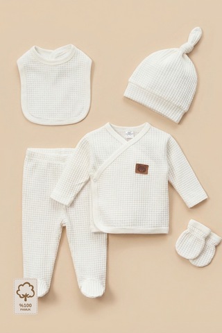 Minory Baby - %100 Pamuk 5'li Hastane Çıkışı Seti Yenidoğan 5'li Set Waffle Kumaş Battaniyesiz Ekru Ekru