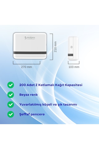 Mulpex Beyaz Duvara Monte Z Katlamalı Kağıt Havlu Dispenseri Premium Abs Gövde, Anahtarlı Kilit, Vidalı & Yapışkan Montaj Beyaz