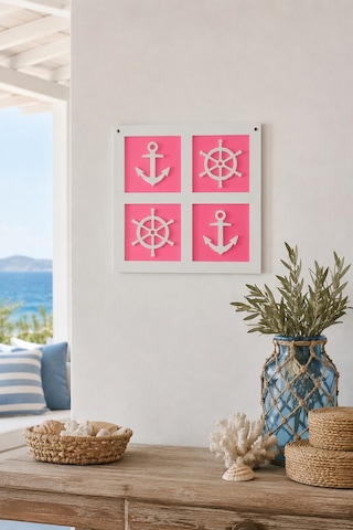 Denizci Temalı Çapa Dümen Duvar Dekoru 21x21 Cm, Yazlık Ev Antre Hol Sahil Evi Şık Süs Tablosu Pembe