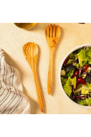 Demy Craft Zeytin Ağacı El Yapımı 2 Parça Salata Servis Seti, Ahşap Kaşık Ve Çatal, 30 Cm Genel