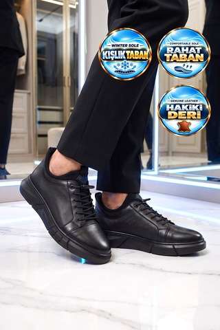Komcero Kauçuk Tabanlı Bağcıklı Sneaker Siyah Hakiki Deri Erkek Casual Ayakkabı Hz0795-510