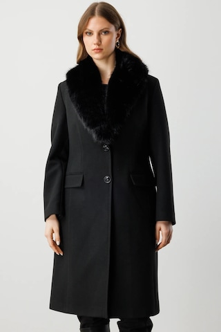 Ekol Kadın Büyük Beden Yakası Kürklü Kaşe Kaban 6313 Siyah Siyah