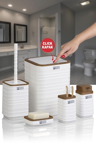 Okyanus Home Luna Beyaz Ahşap Desenli Kare 5'li Banyo Seti Beyaz