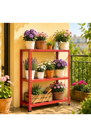 3 Katlı Renkli Dekoratif Çelik Raf - Çiçeklik Rafı, Ofis Rafı 0,70 Mm Kırmızı-59x60 Cm-150 Cm