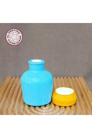 Uretti - Pınar 2572 1733 El Yapımı Vazo Ve Tealight Mumluk 2'li Dekoratif Set Mavi - Sarı