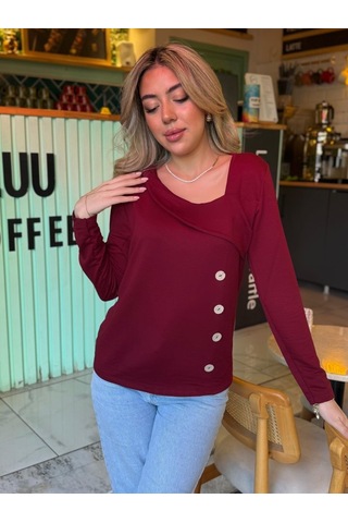 Kadın Uzun Kollu Geometrik Yaka Detay Yandan Düğmeli Viskon Iki Iplik Bluz Antrasit Melanj