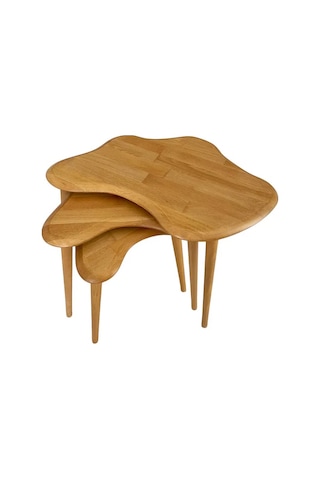 Fawdecor Asimetrik Masif Ahşap Zigon Sehpa Takımı 3'lü Set Meşe