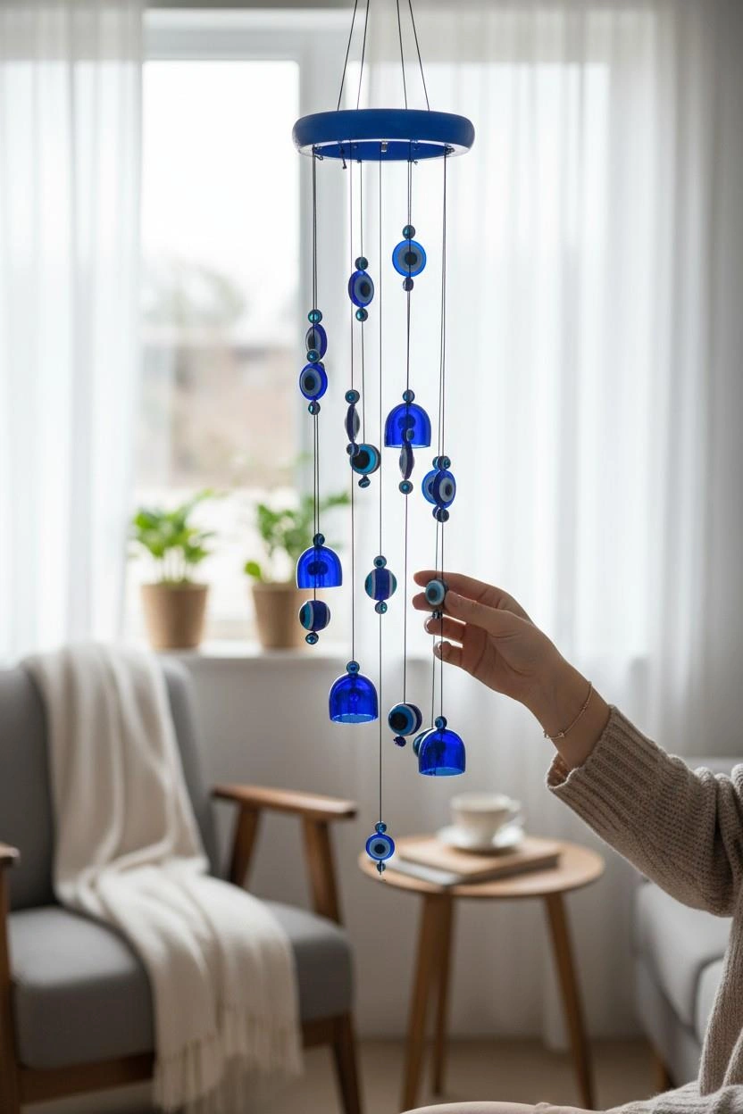 Feng Shui Nazar Boncuğu Rüzgar Çanı Metal Kötü Göze Karşı Dış Mekan Dekoratif Bahçe Kapı Süsü 80 Cm. 60 Cm