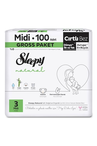 Sleepy Natural Gross Paket Bebek Bezi 3 Numara Midi 100 Adet