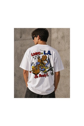 Yolo Street Unisex Oversize Beyaz Tişört Living İn L.a. Be Ready Ayıcık Grafik Baskılı Pamuk Streetwear Beyaz4