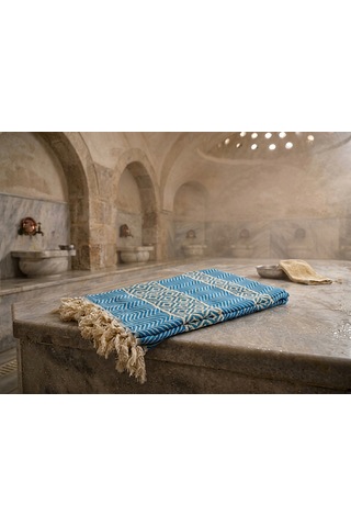 Ludıa Dekoratif Balıksırtı Desenli %100 Pamuklu Mavi Peştemal Havlu 180x98 Cm