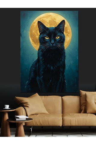 Ahşap Tablo Dolunay Altındaki Kara Kedi Çocuk Odası Tabloları