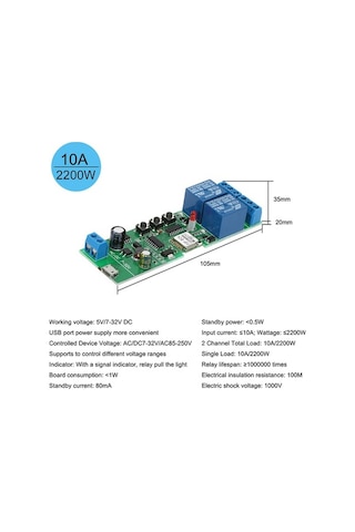 Moly Yunboo 2 Kanal Wifi Akıllı Kontrol Modülü - Uzaktan Kontrol, Zamanlama, Alexa & Google Home Desteği, Tıklama/kilit/bloke Modları - Yeşil Yeşil