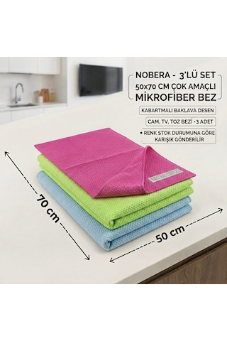 Nobera 3'lü Set 50x70 Cm Çok Amaçlı Mikrofiber Bez - Baklava Desenli Cam, Tv Ve Toz Bezi Karışık