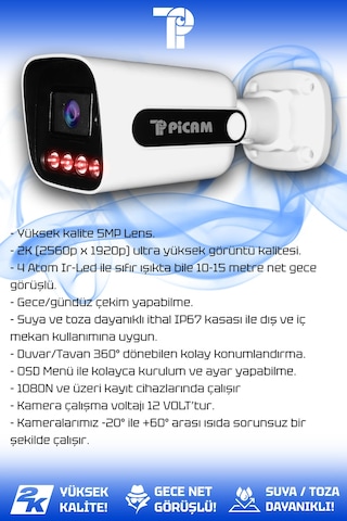 Picam 24 Kameralı Zebra 24 Dış Kamera Set 100 Gb 5 Mp 2k Net Gece Görüşlü Güvenlik Kamerası Sistemi