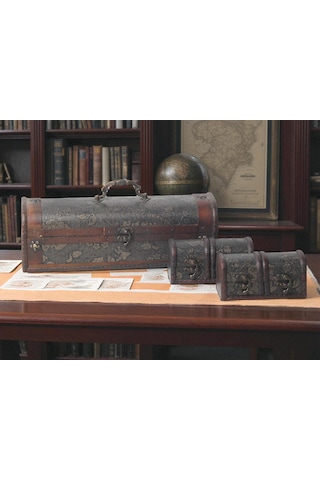 Lüks İşlemeli Vintage Eskitme Tasarımlı 3lü Sandık Çok Amaçlı Takı Aksesuar Kutusu Dekoratif Obje B