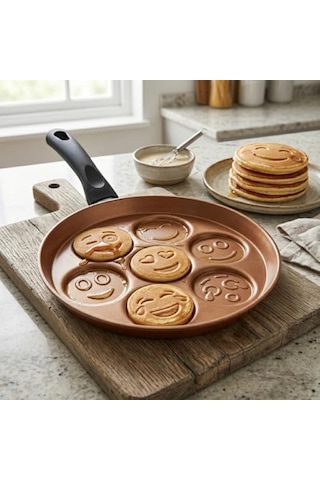 Redio Emoji Pankek Ve Yumurta Tavası - 7 Bölmeli Gülen Yüz Tasarımlı, Yanmaz Yapışmaz Krep Tavası 28 Cm Bronz