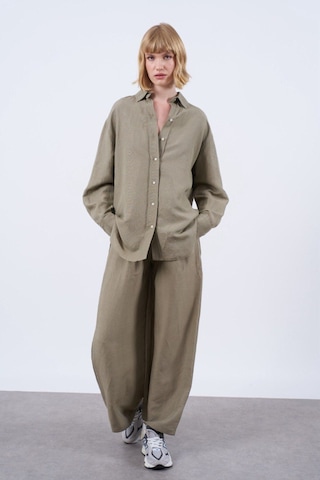 Kadın Keten Gömlek Pantolon Takım Yağ Yeşili