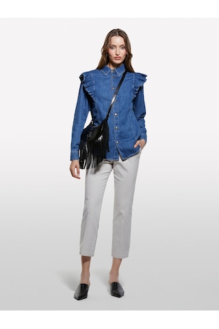 Sisley %100 Pamuk Fırfır Detaylı Denim Gömlek Kadın Haki Yeşili Gömlek - 325a53gelq09n