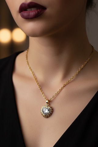 Altın Renk Beyaz Taş Kalp Model Sf Zincir Çelik Kolye - 3721 Çok Renkli